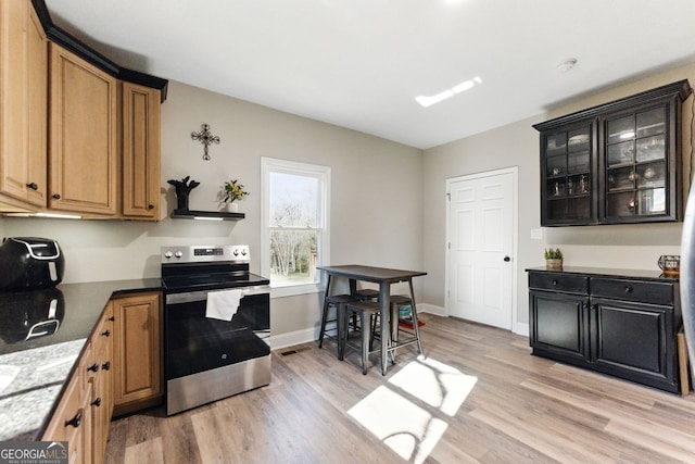 kitchen with light wood-type flooring, stainless steel electric range, baseboards, and glass insert cabinets