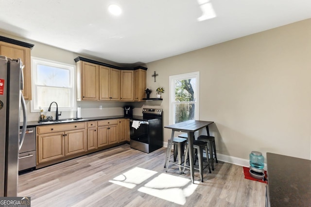 kitchen featuring a sink, baseboards, appliances with stainless steel finishes, light wood-type flooring, and dark countertops