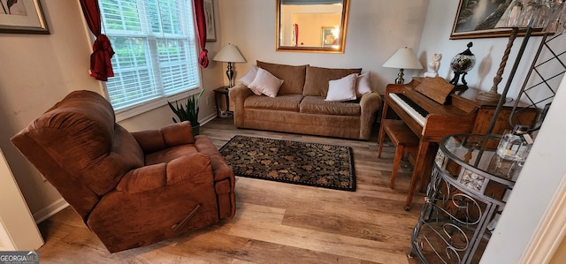 living area featuring baseboards and wood finished floors