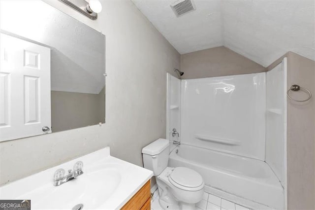 bathroom with shower / bathtub combination, visible vents, toilet, vaulted ceiling, and vanity