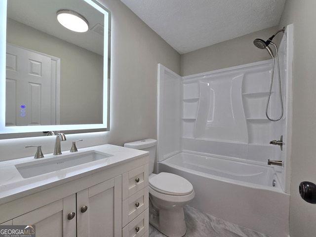 full bathroom featuring toilet, shower / bathtub combination, a textured ceiling, and vanity