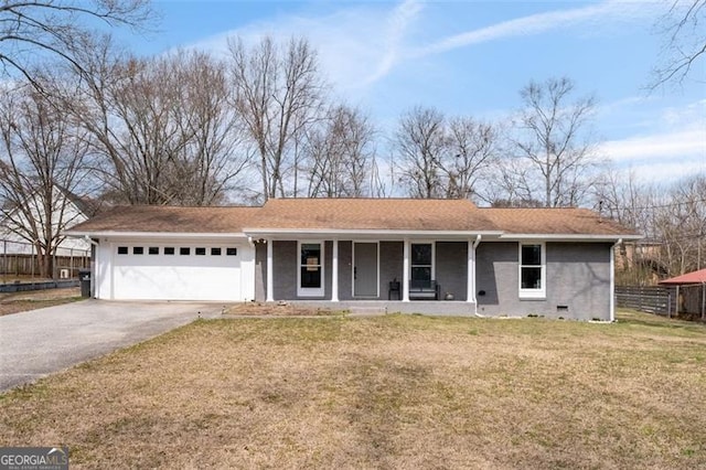 single story home featuring an attached garage, a front yard, crawl space, fence, and driveway