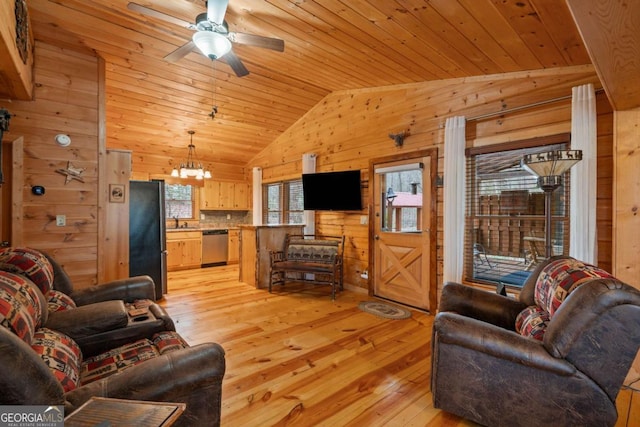 living area featuring lofted ceiling, wood walls, light wood-type flooring, and wood ceiling