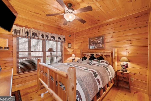 bedroom with wood ceiling, wood-type flooring, and wooden walls