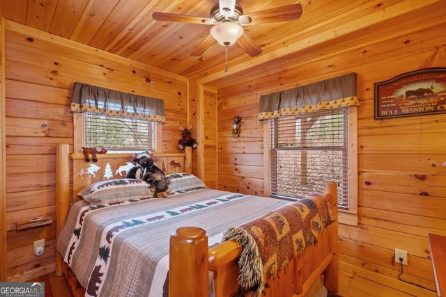 bedroom featuring wooden ceiling and wood walls