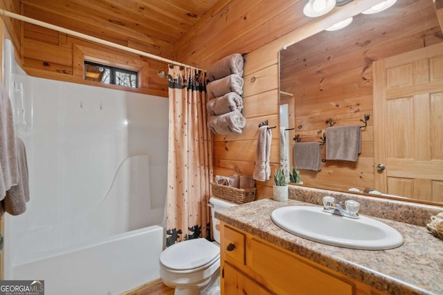 full bathroom featuring shower / bath combination with curtain, toilet, wood ceiling, wood walls, and vanity