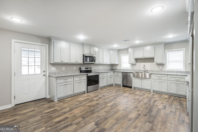 kitchen featuring stainless steel appliances, recessed lighting, a sink, and dark wood-style floors