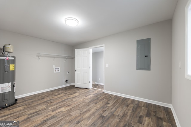 washroom with hookup for an electric dryer, laundry area, washer hookup, water heater, and electric panel