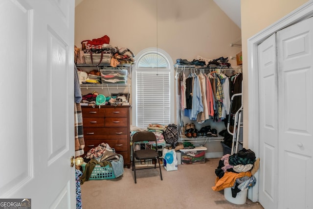 spacious closet with vaulted ceiling and carpet flooring