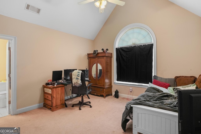 carpeted bedroom with high vaulted ceiling, connected bathroom, a ceiling fan, visible vents, and baseboards