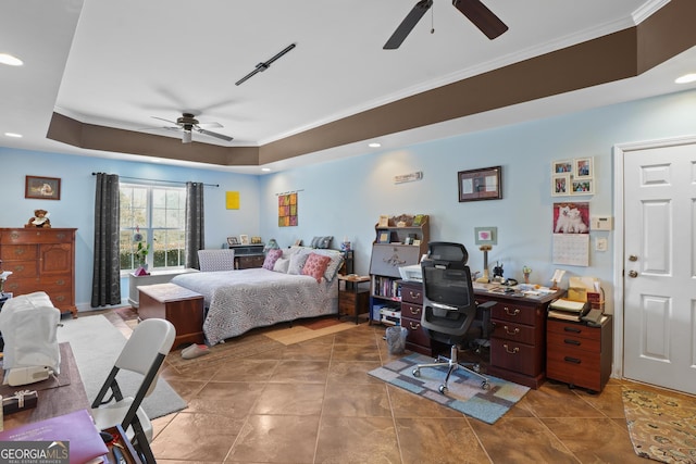 tiled bedroom featuring ceiling fan, ornamental molding, and recessed lighting