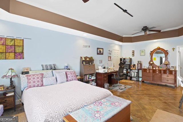 tiled bedroom with ornamental molding and a ceiling fan