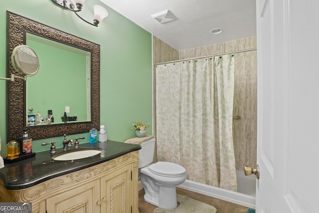 full bath with tile patterned flooring, toilet, a shower with shower curtain, vanity, and visible vents