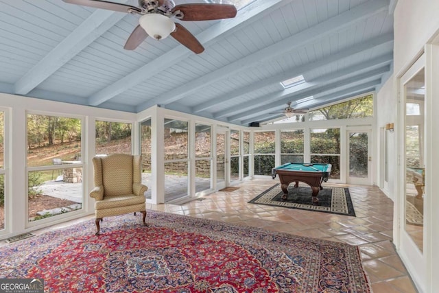 sunroom with vaulted ceiling with beams, plenty of natural light, billiards, and visible vents