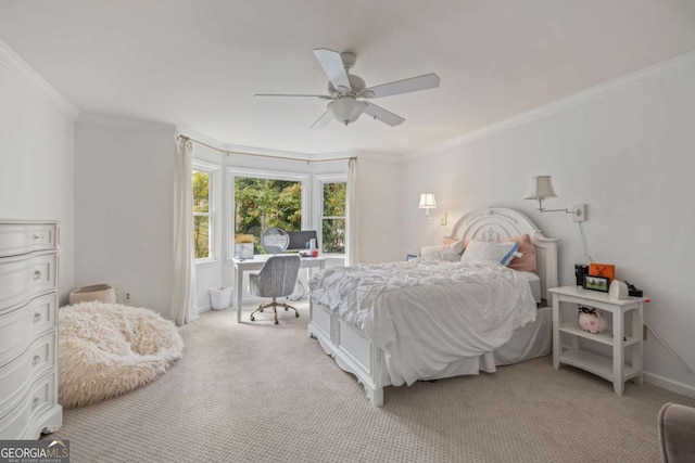 bedroom featuring a ceiling fan, light colored carpet, and crown molding