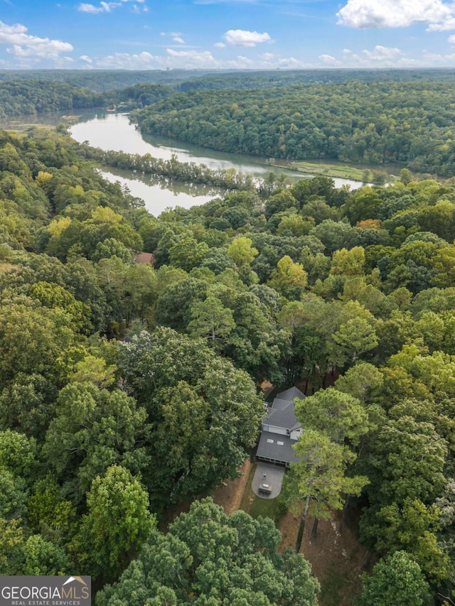 drone / aerial view featuring a water view and a view of trees