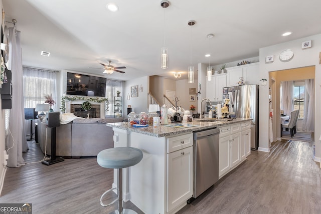 kitchen with a fireplace, stainless steel appliances, wood finished floors, white cabinetry, and a sink