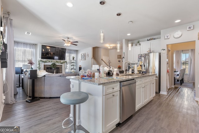 kitchen with wood finished floors, a ceiling fan, a sink, stainless steel appliances, and white cabinetry