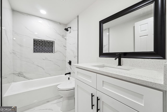 full bathroom with toilet, recessed lighting, vanity, marble finish floor, and shower / bathing tub combination