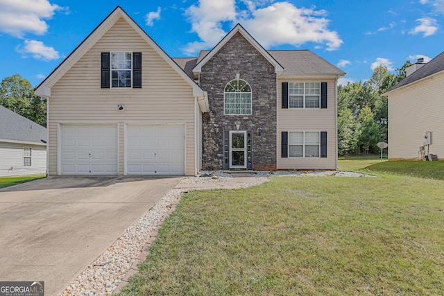 traditional-style home featuring a garage, stone siding, a front lawn, and concrete driveway