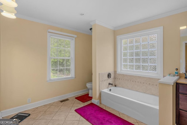 bathroom featuring tile patterned flooring, visible vents, crown molding, and a bath