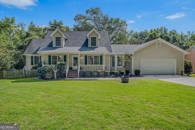 new england style home featuring covered porch, an attached garage, fence, driveway, and a front lawn