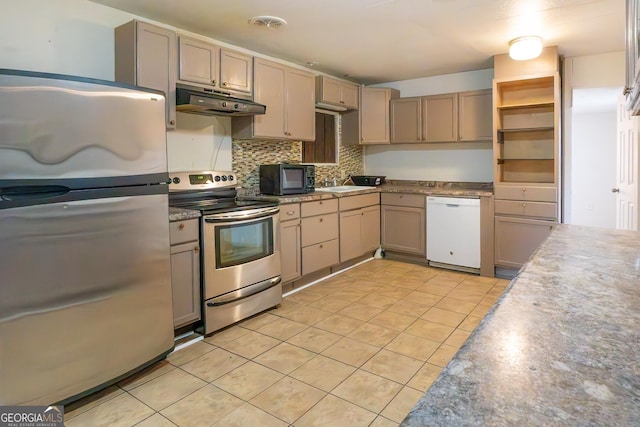 kitchen with open shelves, tasteful backsplash, under cabinet range hood, light tile patterned floors, and stainless steel appliances