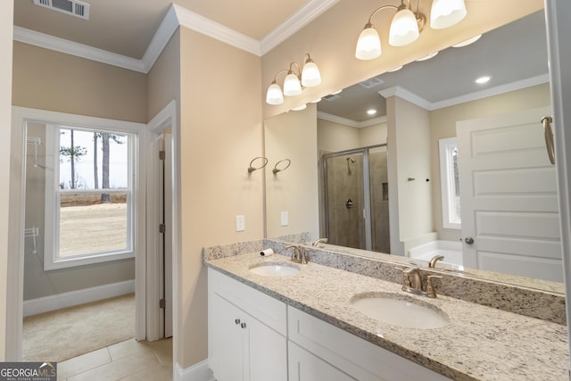 full bathroom with crown molding, visible vents, a sink, and a shower stall