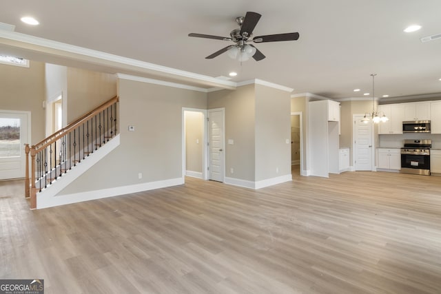 unfurnished living room featuring light wood-type flooring, stairway, baseboards, and recessed lighting