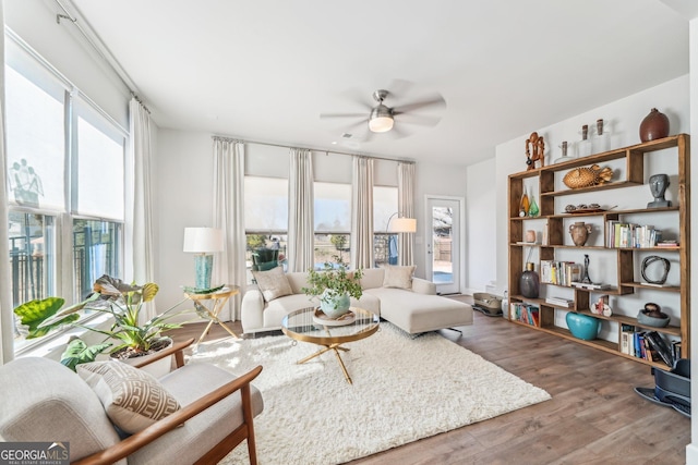 living room with a ceiling fan and wood finished floors