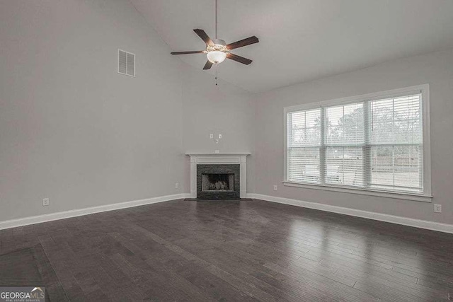 unfurnished living room featuring dark wood-type flooring, visible vents, baseboards, and a premium fireplace