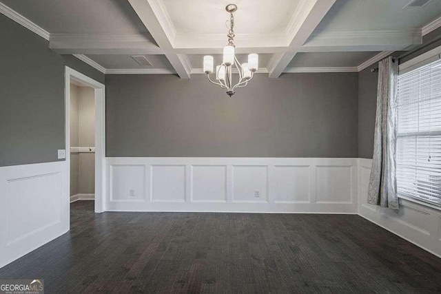 unfurnished dining area with dark wood-style flooring, beamed ceiling, coffered ceiling, and an inviting chandelier