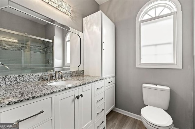 full bathroom featuring toilet, wood finished floors, vanity, baseboards, and a stall shower