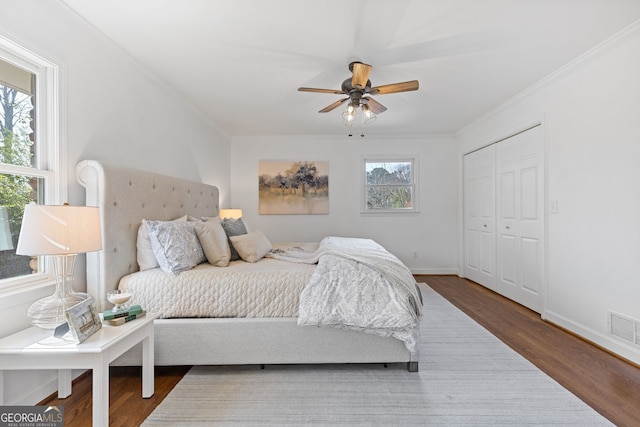 bedroom with dark wood finished floors, multiple windows, and ornamental molding