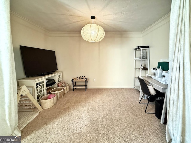 carpeted home office featuring baseboards and ornamental molding