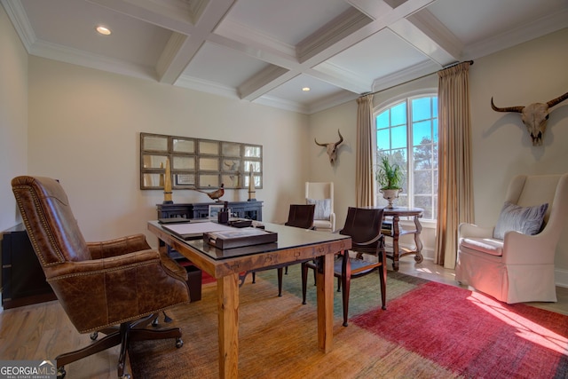 office featuring light wood-type flooring, beamed ceiling, coffered ceiling, and recessed lighting