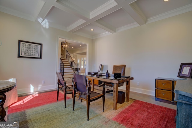 office space featuring recessed lighting, coffered ceiling, wood finished floors, baseboards, and beam ceiling