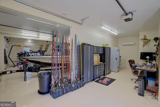 garage featuring a garage door opener and a wall unit AC