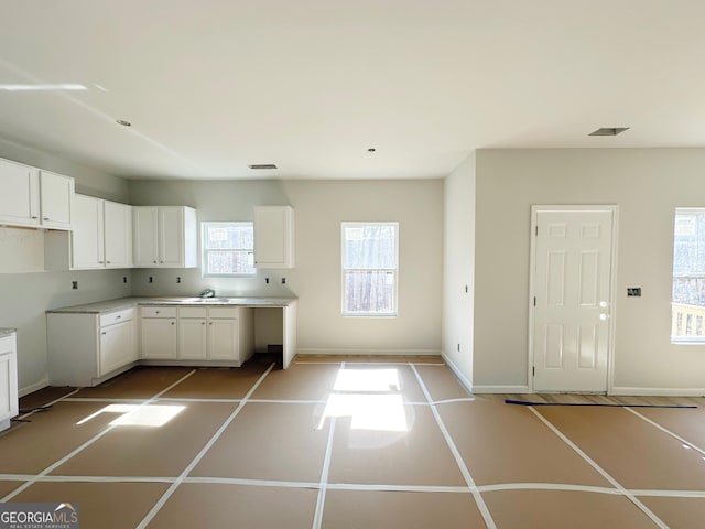 kitchen with baseboards, a sink, visible vents, and white cabinets