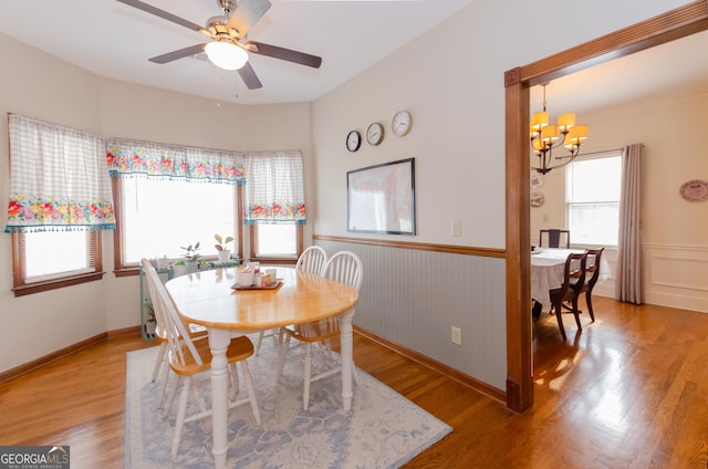 dining space featuring a wainscoted wall, ceiling fan with notable chandelier, and light wood-type flooring