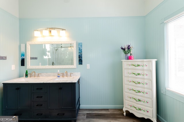 full bathroom featuring wood finished floors, plenty of natural light, a sink, and a shower stall