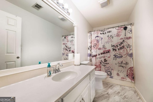 bathroom featuring marble finish floor, curtained shower, visible vents, toilet, and vanity