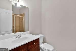 full bathroom featuring toilet, vanity, and a shower stall