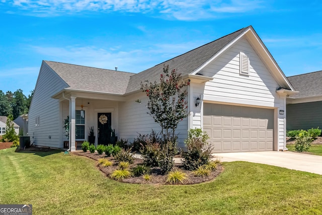 single story home featuring a front lawn, concrete driveway, a garage, and roof with shingles