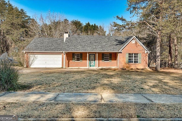 ranch-style house with brick siding, a chimney, a shingled roof, covered porch, and an attached garage