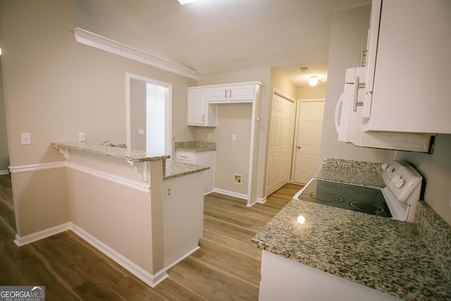 kitchen featuring white appliances, white cabinets, light stone counters, wood finished floors, and a peninsula