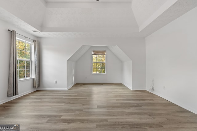 bonus room featuring plenty of natural light, a textured ceiling, baseboards, and wood finished floors