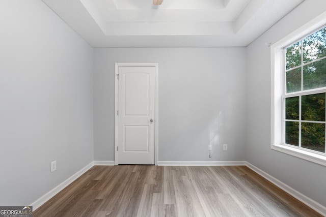 empty room with a healthy amount of sunlight, baseboards, a raised ceiling, and wood finished floors