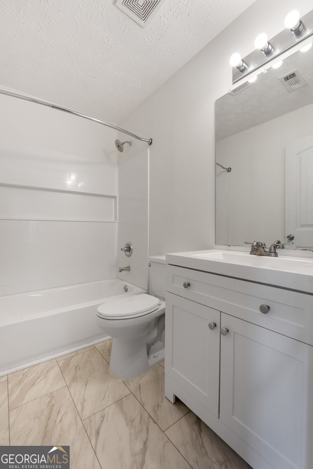 bathroom featuring bathtub / shower combination, visible vents, a textured ceiling, and toilet