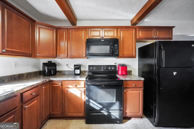 kitchen featuring black appliances, a textured ceiling, brown cabinetry, and beam ceiling